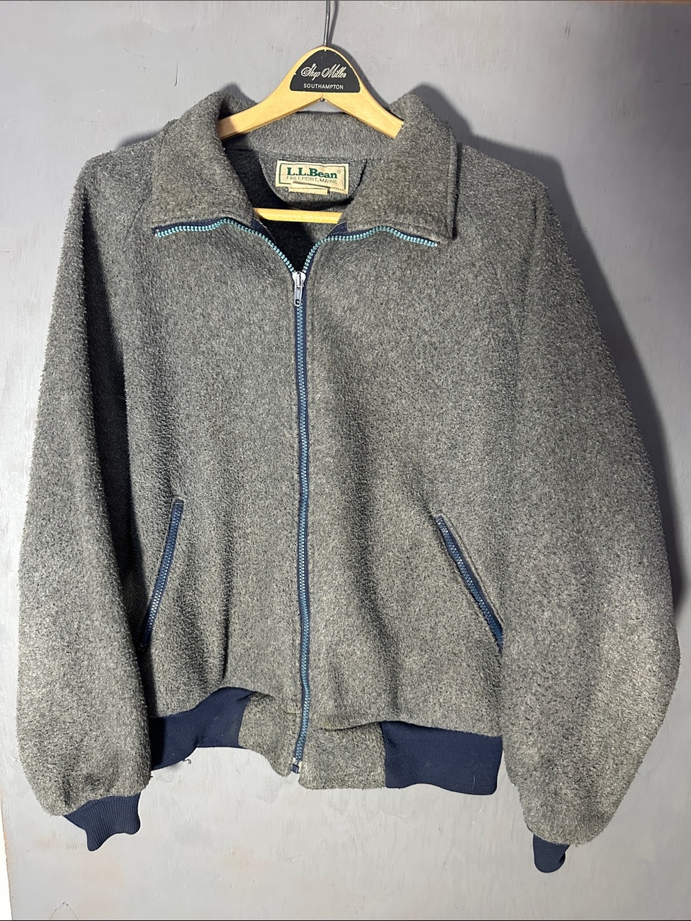 L.L. Bean Gray Wool-Blend Bomber Jacket with Navy Trim and Turquoise Accent